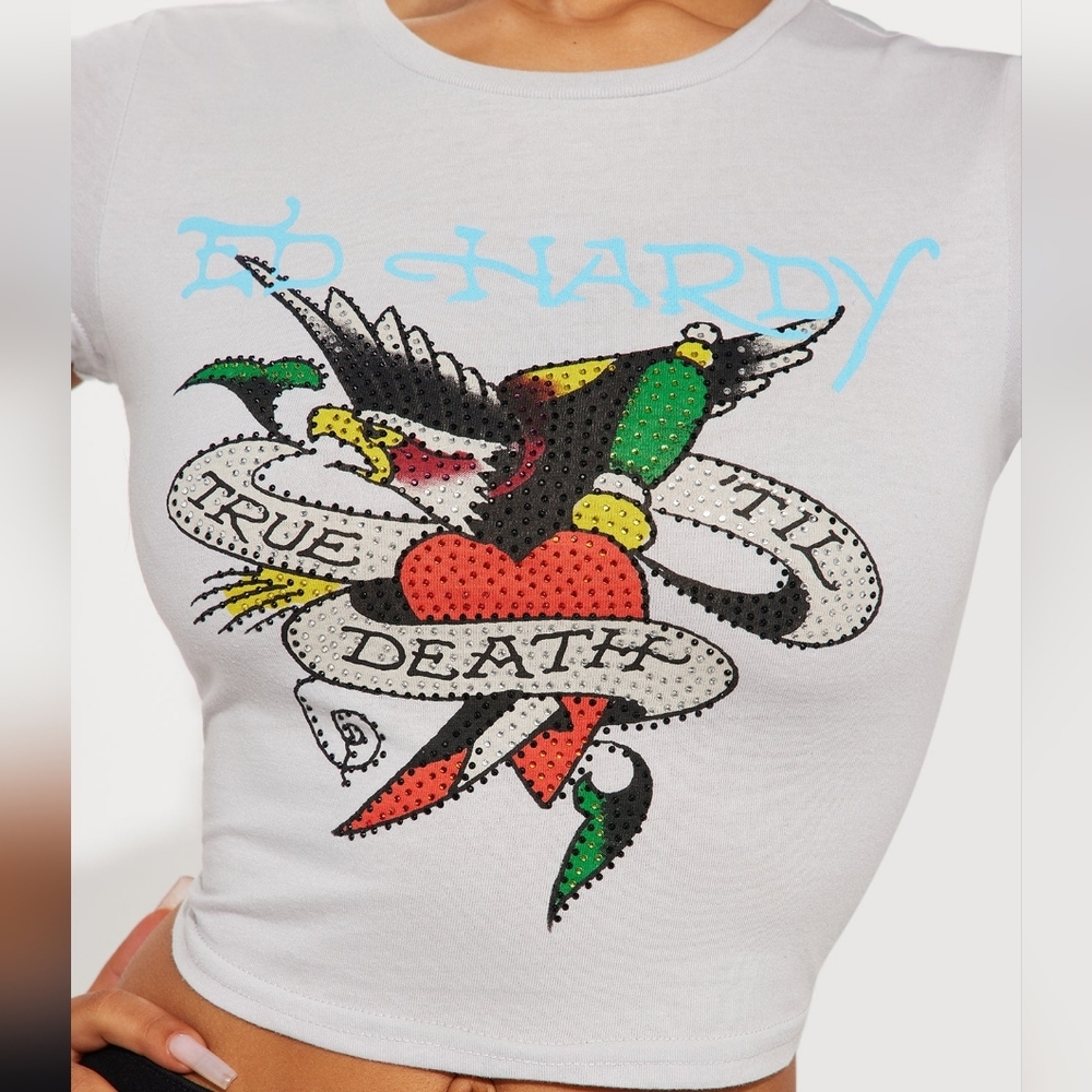 Ed Hardy True Til Death Rhinestone Crop Top